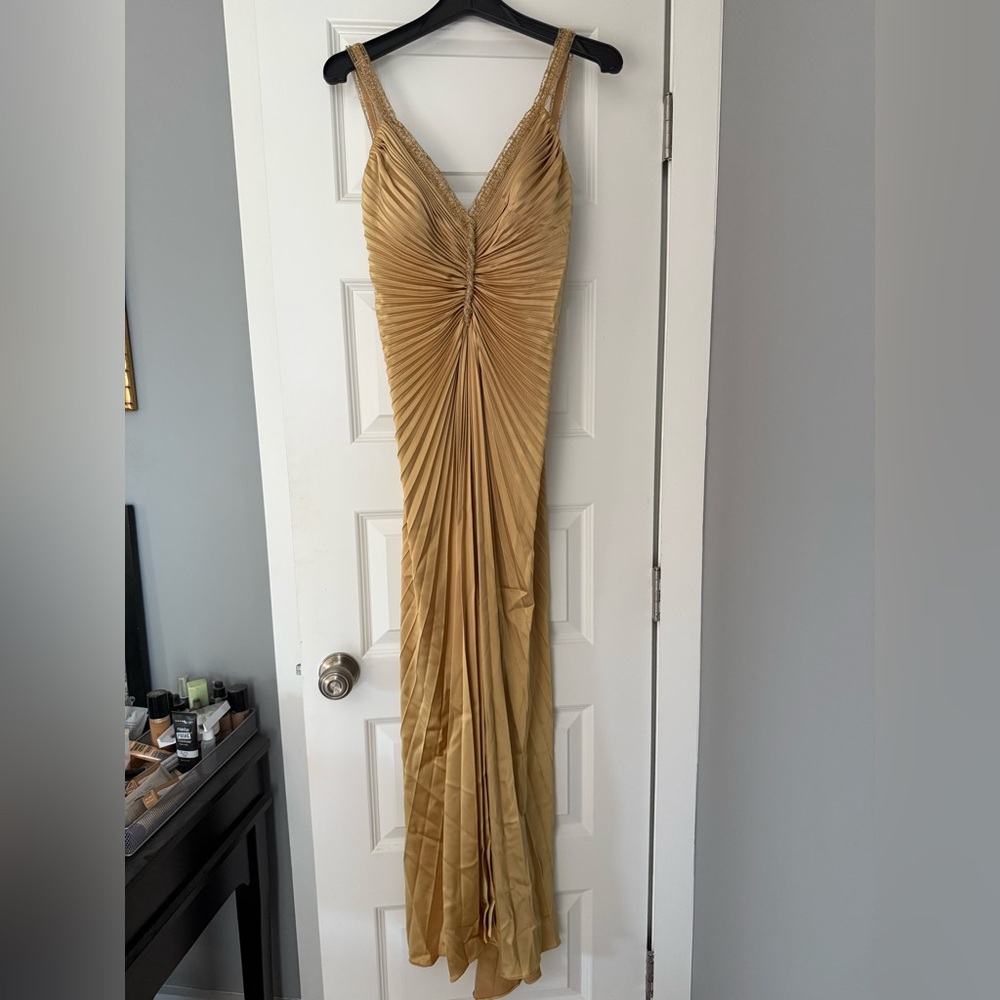 Nicole Bakti Gold Pleated Maxi Dress